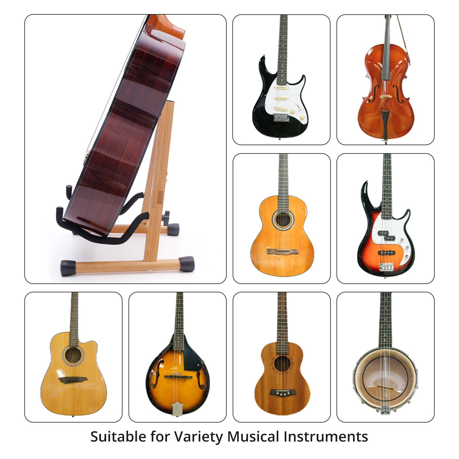 MUSO Natural Wood Guitar Stand, A-Frame Folding, Easy Assembly and Portable, For Guitar,Bass,Ukulele,Banjo,Cello,Mandolin,Durabl
